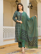 Women Green Rayon Blend Ethnic Motifs Printed Straight Kurta Trouser With Dupatta-VKSKD2281